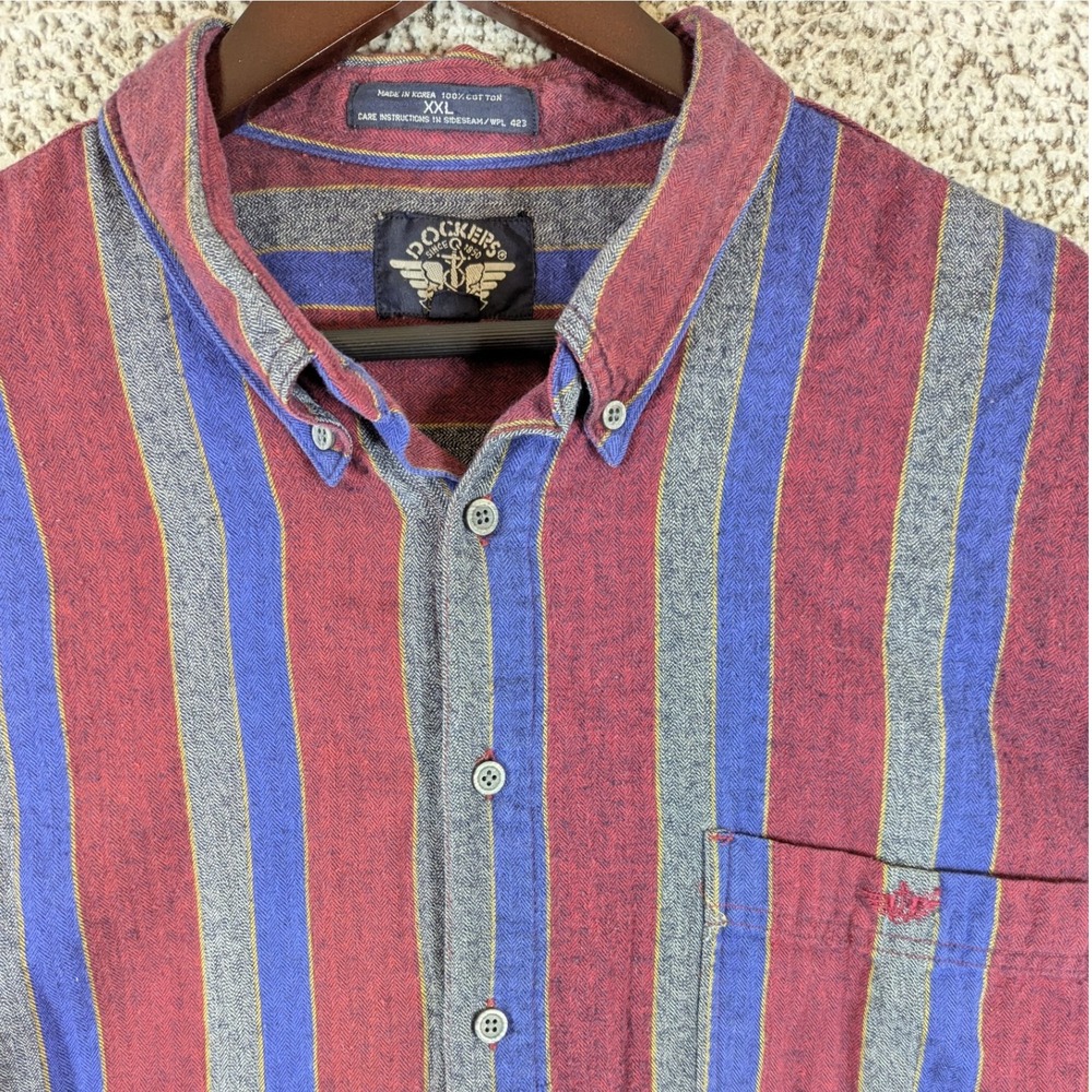 Vintage Dockers Striped Flannel Button Up Long Sleeve Shirt Mens XXL Korean Made